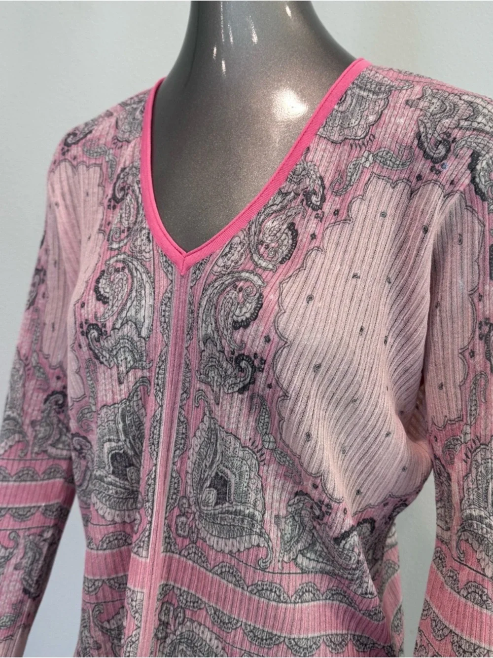 Twinset Milano XL Pink Paisley Ribbed Knit Stretch Top NWT Italy - Picture 4 of 16